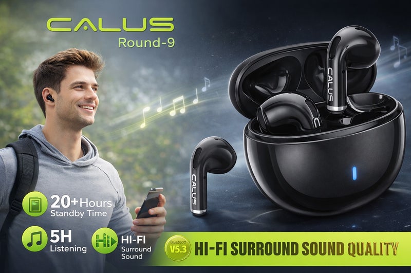 CALUS Round-9 True Wireless Earbuds – Hi-Fi Surround Sound, Bluetooth 5.3, 5H Playtime, Portable Charging Case - Image 1