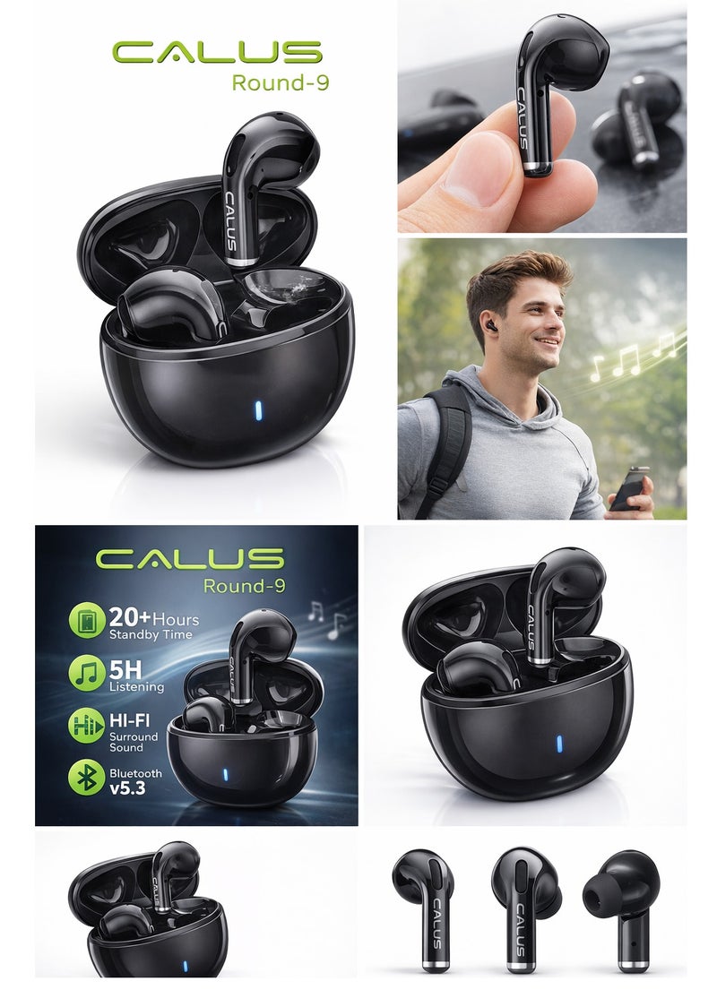 CALUS Round-9 True Wireless Earbuds – Hi-Fi Surround Sound, Bluetooth 5.3, 5H Playtime, Portable Charging Case - Image 2
