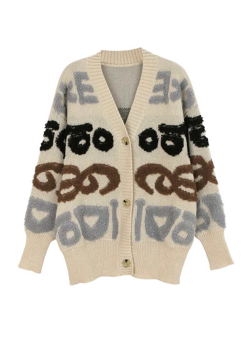 Generic - Middle-Length Open Cardigan Knitted Sweater with Letter Pattern Spring Autumn Polyester Comfortable Casual Style Long Sleeve Red - Image 1