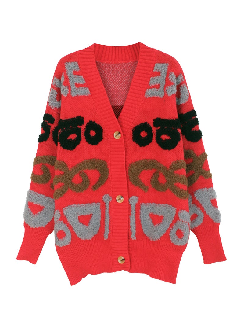 Generic - Middle-Length Open Cardigan Knitted Sweater with Letter Pattern Spring Autumn Polyester Comfortable Casual Style Long Sleeve Red - Image 1