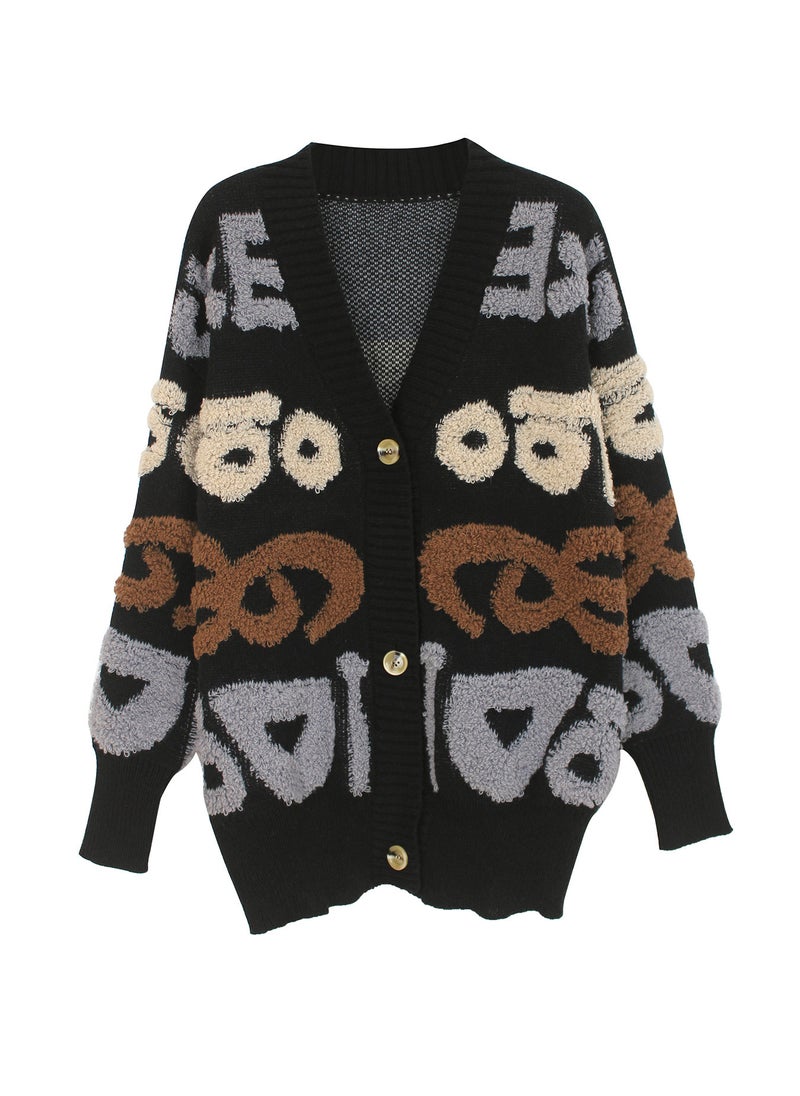 Generic - Middle-Length Open Cardigan Knitted Sweater with Letter Pattern Spring Autumn Polyester Comfortable Casual Style Long Sleeve Red - Image 1