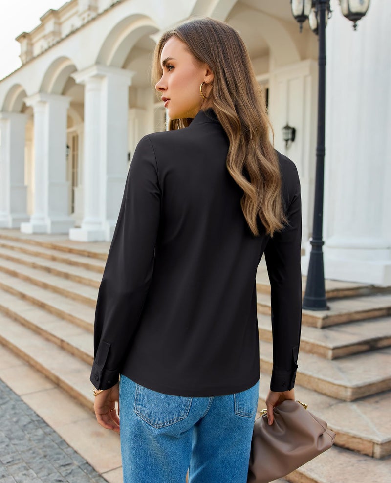 Gleeivy Black Long Sleeve Shirt for Woman Wrinkle-Free Button Down Shirts Slim Fit Stretch Work Blouse for Office, Travel & Casual Black S - Image 2
