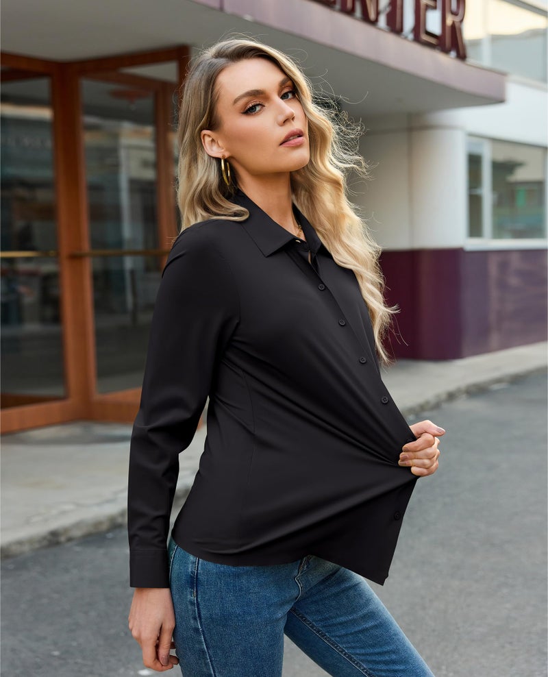 Gleeivy Black Long Sleeve Shirt for Woman Wrinkle-Free Button Down Shirts Slim Fit Stretch Work Blouse for Office, Travel & Casual Black S - Image 3