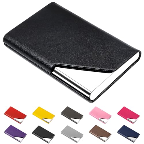 Padike Business Card Holder, Upgraded Leather Business Card Case Pocket Card Holders for Men or Women, Metal Slim Name Card Holder RFID Blocking Business Card Carrier with Magnetic Closure(Black) - Image 1