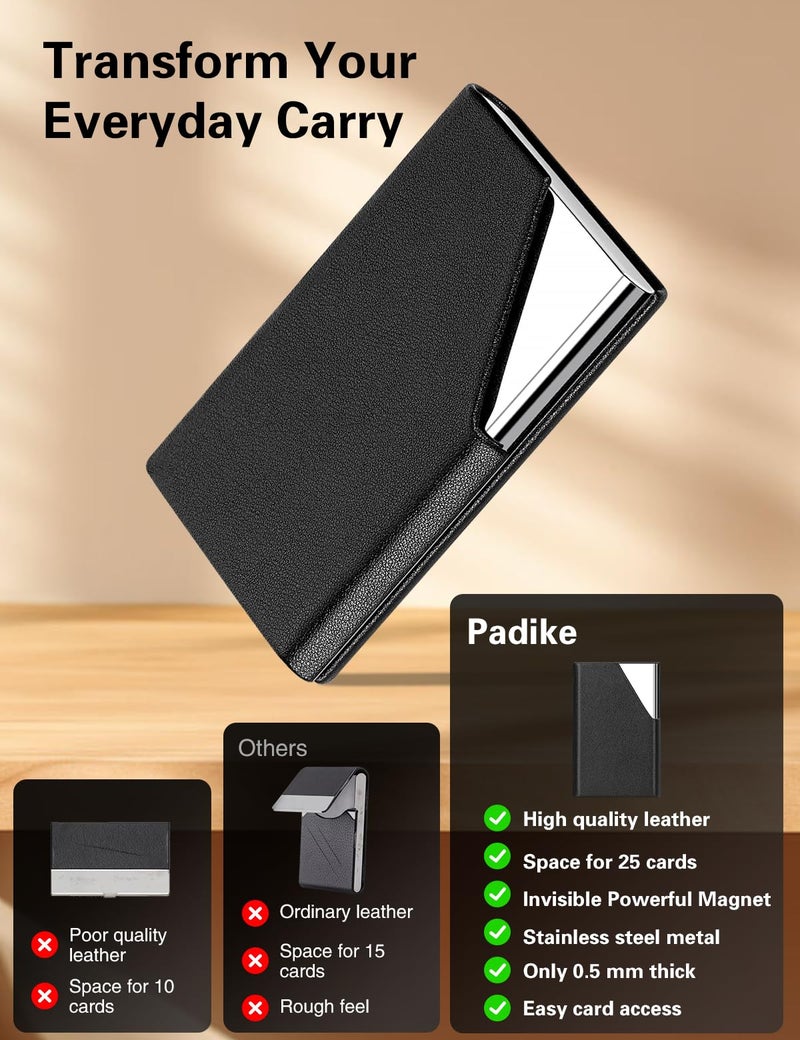 Padike Business Card Holder, Upgraded Leather Business Card Case Pocket Card Holders for Men or Women, Metal Slim Name Card Holder RFID Blocking Business Card Carrier with Magnetic Closure(Black) - Image 2