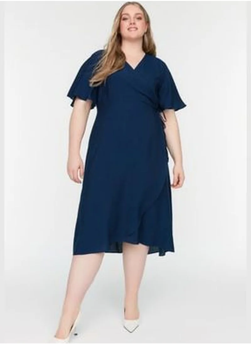 trendyol Navy Blue V-Neck Lace-Up Detailed Woven Dress TBBSS22EL1564