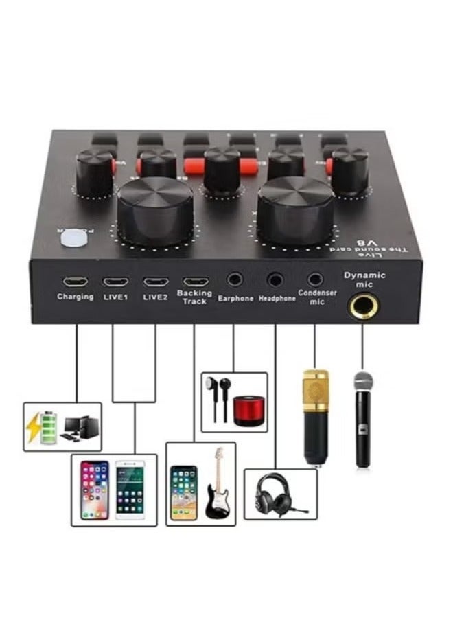 بطاقة صوت V8 مع مجموعة ميكروفون مكثف Bm-800 مع بطاقة صوت حية، ذراع مقص تعليق ميكروفون قابل للتعديل، حامل صدمات معدني وطبقة مزدوجة - Image 1