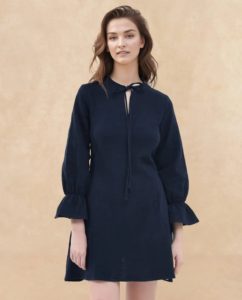 Rareism Rareism Women's Oberon Navy Cotton Fabric Tie-Up Neck Tie-Up Closure Bishop Sleeve Plain A-Line Mini Dress