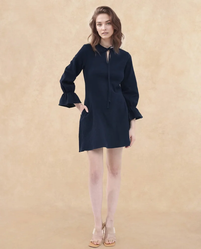 Rareism Rareism Women's Oberon Navy Cotton Fabric Tie-Up Neck Tie-Up Closure Bishop Sleeve Plain A-Line Mini Dress