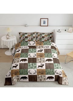 Erosebridal Rustic Patchwork Comforter Set, Bear Moose Down Comforter Queen For Kids Boys Teens Adult, Farmhouse Hunting Deer Bedding Set Christmas Arrows Buffalo Plaid Duvet Insert With 2 Pillow Cases Brown Green  - Image 1
