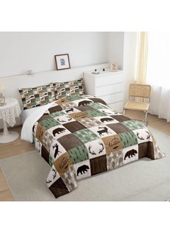 Erosebridal Rustic Patchwork Comforter Set, Bear Moose Down Comforter Queen For Kids Boys Teens Adult, Farmhouse Hunting Deer Bedding Set Christmas Arrows Buffalo Plaid Duvet Insert With 2 Pillow Cases Brown Green  - Image 4