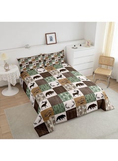 Erosebridal Rustic Patchwork Comforter Set, Bear Moose Down Comforter Queen For Kids Boys Teens Adult, Farmhouse Hunting Deer Bedding Set Christmas Arrows Buffalo Plaid Duvet Insert With 2 Pillow Cases Brown Green  - Image 3