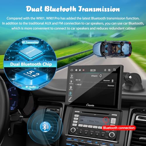 Carpuride W901 Pro with Wireless Bluetooth Transmission Portable Carplay & Android Auto Car Stereo, 9 inch 1080P Touch Screen, Mirror Link/GPS/Siri/FM, with 3 Bracket - Image 4
