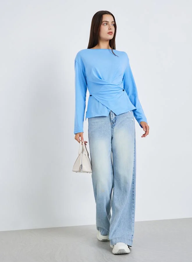 Styli Women Blue Long Sleeve Wrap Top