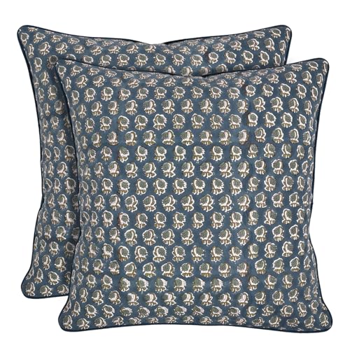 Ridhi Block Print Peacock Blue Pillow Cover 20 x 20 Pack of 2 Decorative Couch Pillows for Living Room Farmhouse Chic Boho Cute Outdoor Pillows Covers Gifts for Spring Mothers Day - Image 1