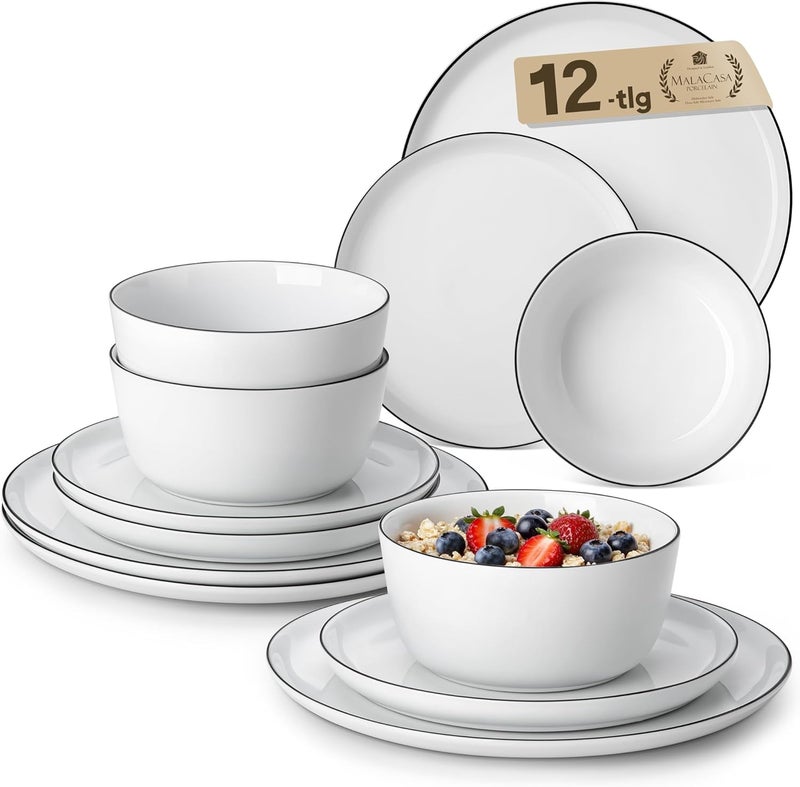 MALACASA 12 Pieces Gourmet Porcelain Dinnerware Sets, Premium Plates and Bowls Set, High-Fired Dishes Set for 4, Chip & Scratch Resistant, Microwave Dishwasher Safe, White & Black Rim, Series LEXI - Image 1