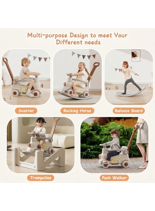 3-in-1 Rocking Train Carriage for Toddlers with 40° Anti-Tip Rocker, Push Stroller Handle, Ride-On Function, Safety Guardrail, Silent Wheels, Musical Steering Wheel & Durable HDPE Construction for Ages 12-36 Months - Image 5