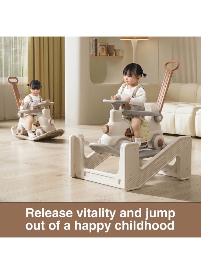 3-in-1 Rocking Train Carriage for Toddlers with 40° Anti-Tip Rocker, Push Stroller Handle, Ride-On Function, Safety Guardrail, Silent Wheels, Musical Steering Wheel & Durable HDPE Construction for Ages 12-36 Months - Image 3