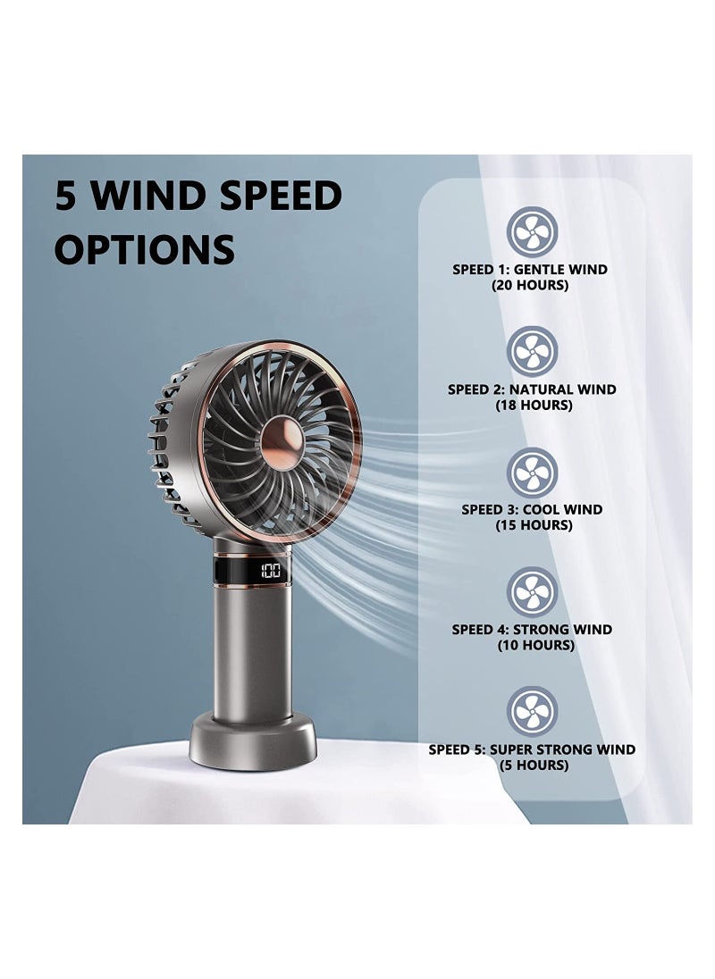 SYOSI Portable Handheld Fan, Rechargeable Battery Fan With 5 Speeds,  4000mAh Mini Fan With LED Display for Office, Home, Outdoor, Travel, Grey