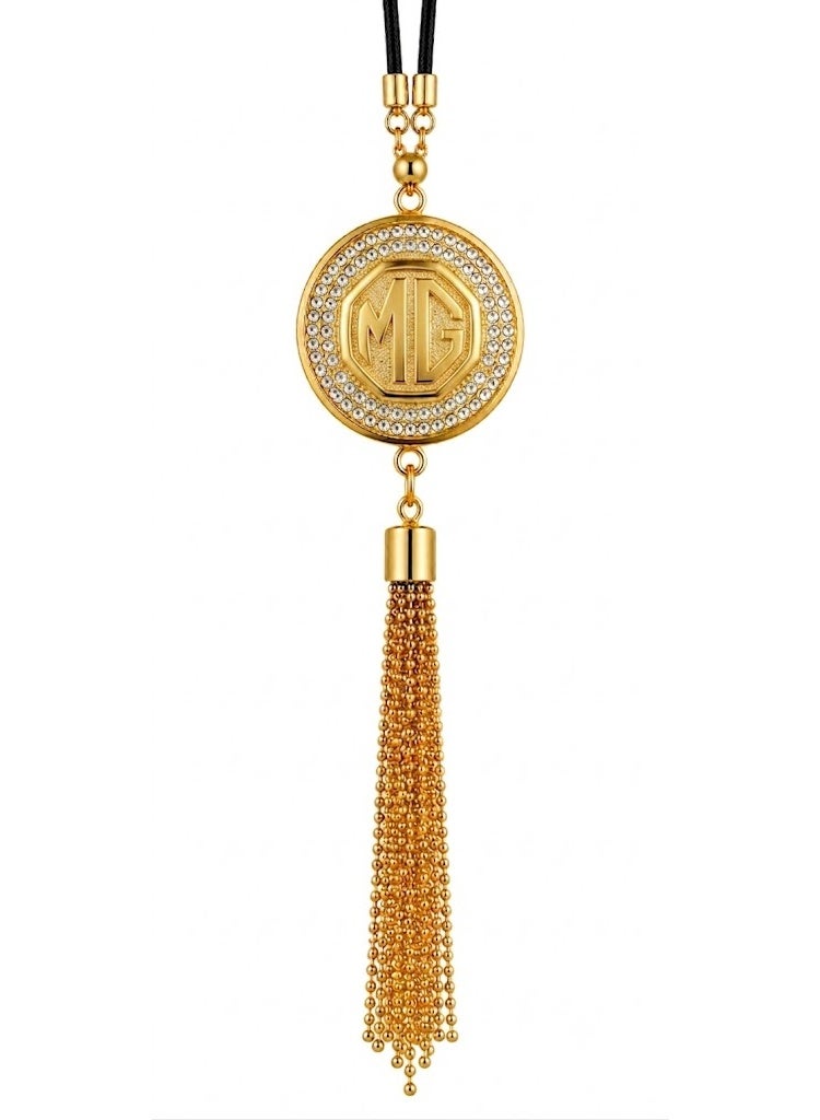 A stylish car pendant featuring the MG logo in gold metal and a touch of luxurious crystal.