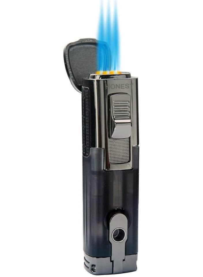 Honest Triple Jet Flame Cigar Torch Lighter - Windproof Butane Refillable Lighter with Built-in Cigar Puncher - Sleek Black Finish - Image 1