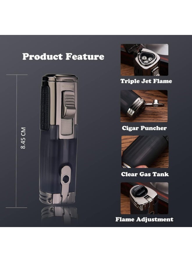 Honest Triple Jet Flame Cigar Torch Lighter - Windproof Butane Refillable Lighter with Built-in Cigar Puncher - Sleek Black Finish - Image 3
