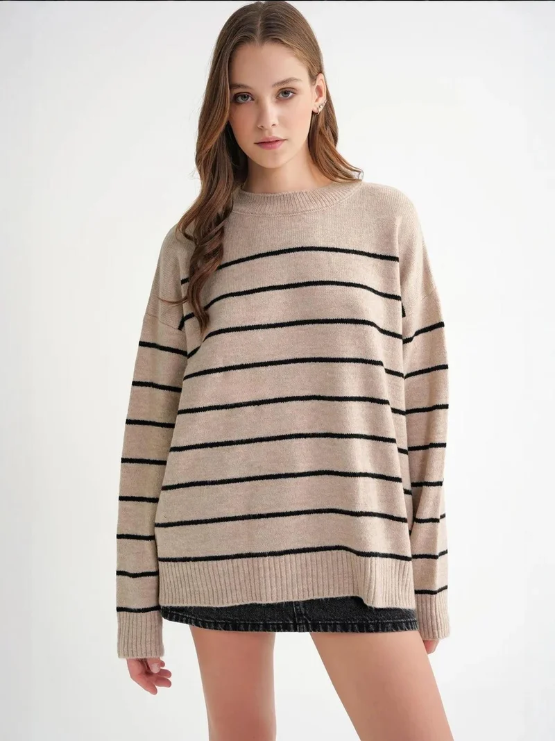 MixRay Striped Crew Neck Relaxed Knit Pullover Sweater