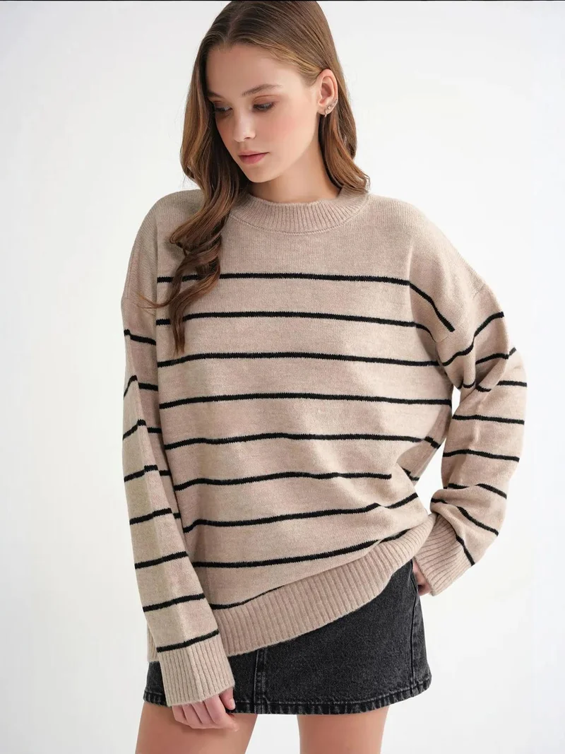 Mixray Beige Natural Striped Crew Neck Relaxed Knit Pullover Sweater for Women | Best Price UAE