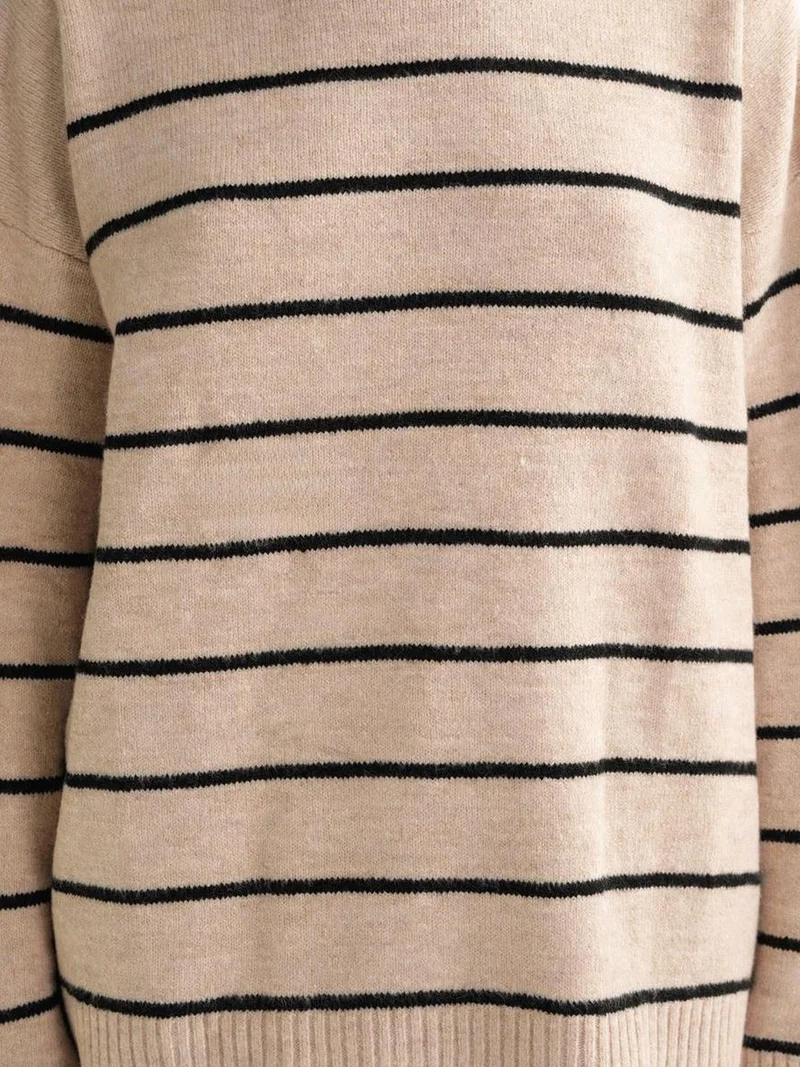 Mixray Beige Natural Striped Crew Neck Relaxed Knit Pullover Sweater for Women | Best Price UAE