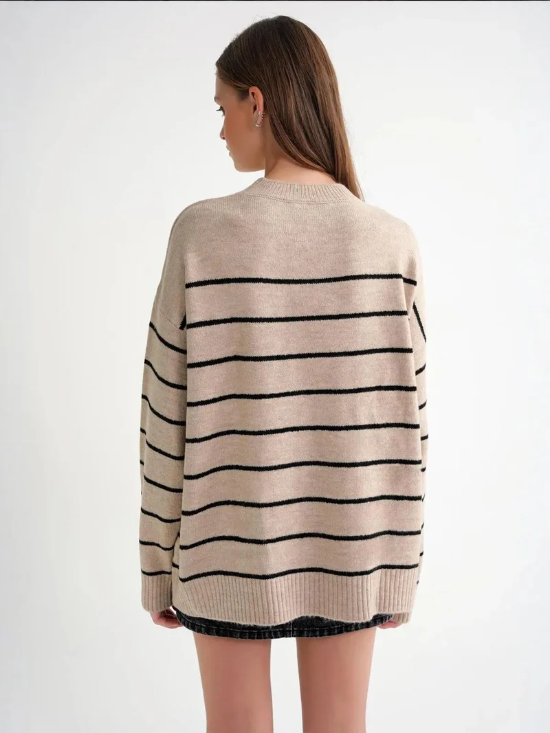 Mixray Beige Natural Striped Crew Neck Relaxed Knit Pullover Sweater for Women | Best Price UAE