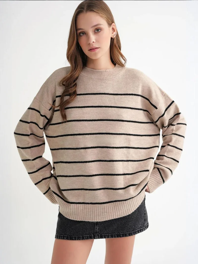 Mixray Beige Natural Striped Crew Neck Relaxed Knit Pullover Sweater for Women | Best Price UAE