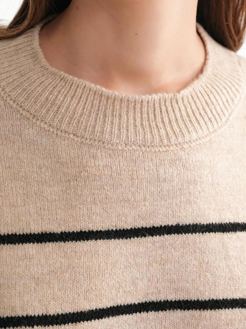 Mixray Beige Natural Striped Crew Neck Relaxed Knit Pullover Sweater for Women | Best Price UAE