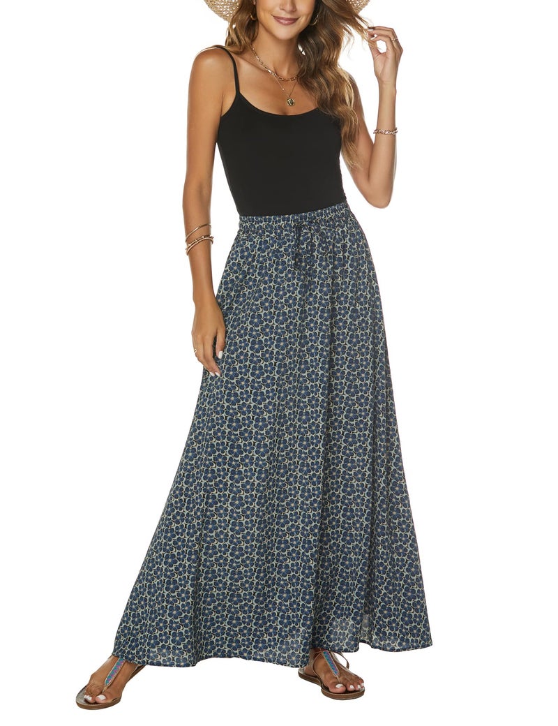 Bluetime Women Casual Summer Beach Boho Floral Print Long Skirts Elastic Waist Swing Maxi Dresses (M, Floral21) - Image 1
