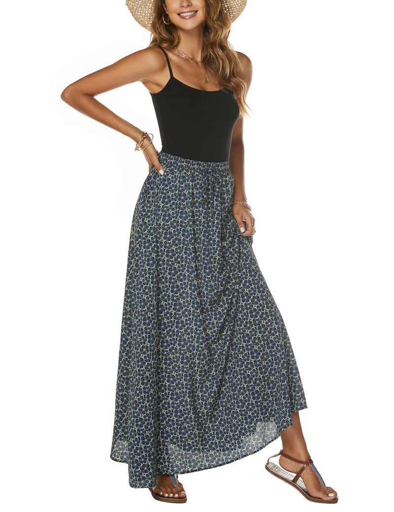 Bluetime Women Casual Summer Beach Boho Floral Print Long Skirts Elastic Waist Swing Maxi Dresses (M, Floral21) - Image 3