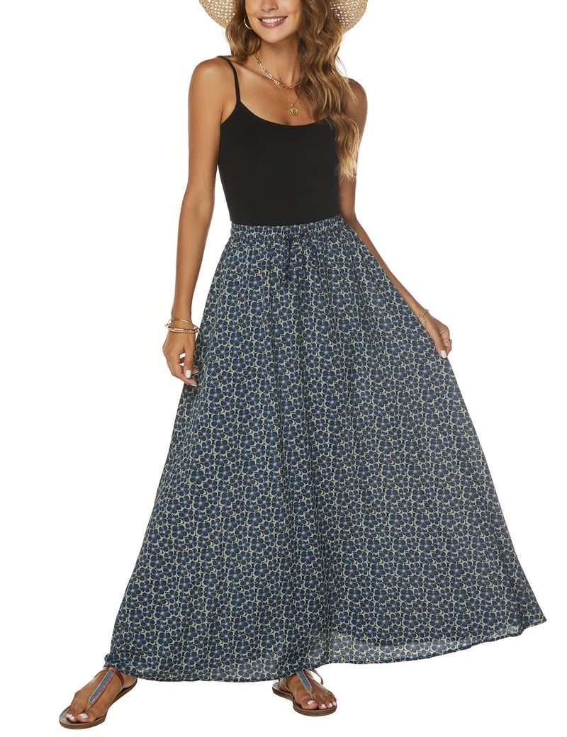 Bluetime Women Casual Summer Beach Boho Floral Print Long Skirts Elastic Waist Swing Maxi Dresses (M, Floral21) - Image 4