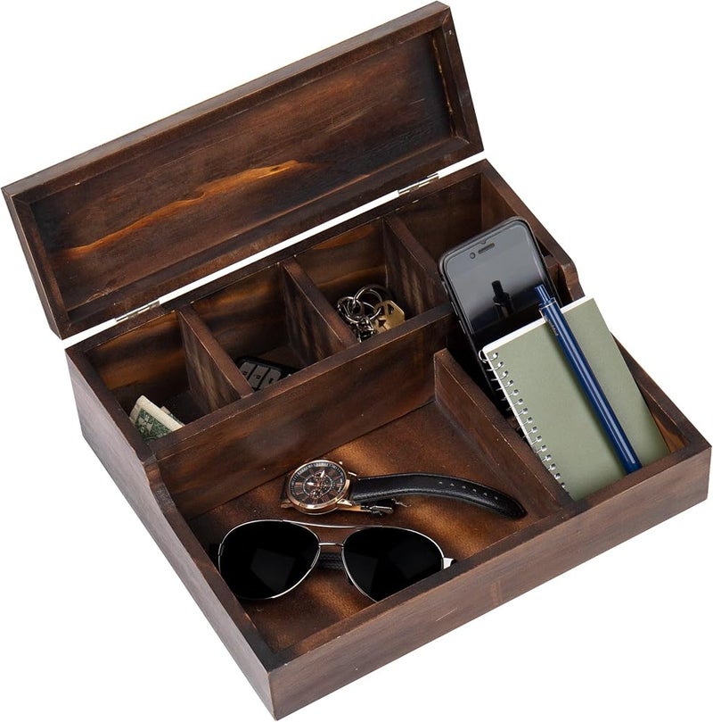 Mind Reader Valet Dresser Organizer, Jewelry Tray, Mens Accessory, Bedside Caddy, Bedroom Org, Wood, 12" L x 10" W x 4" H, Brown