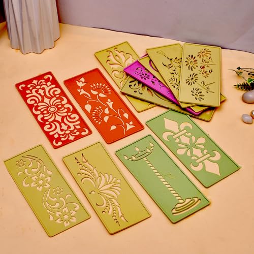CRAFTAM Different Design Ready to Draw Rangoli Making Stencils, Rangoli Plastic Stencils for Floor Decoration (Set of 12, Size 3x7 Inch) - Image 1