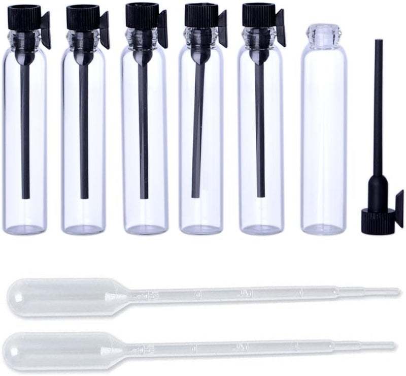 Enslz عينات عطرية 100 قطعة زجاجات صغيرة بغطاء أسود زجاجات فارغة مع قطارة للسفر والحفلات (1 مل)
