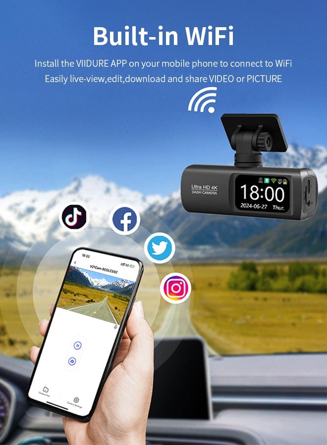 Digisand UHD 4K Dash Cam for Cars Front and Rear Dual Lens Front 3840*2160P Rear Lens 128GB Card Built-In WiFi G-Sensor With GPS Car DVR Video Recorder 24H Parking Monitor - Image 2