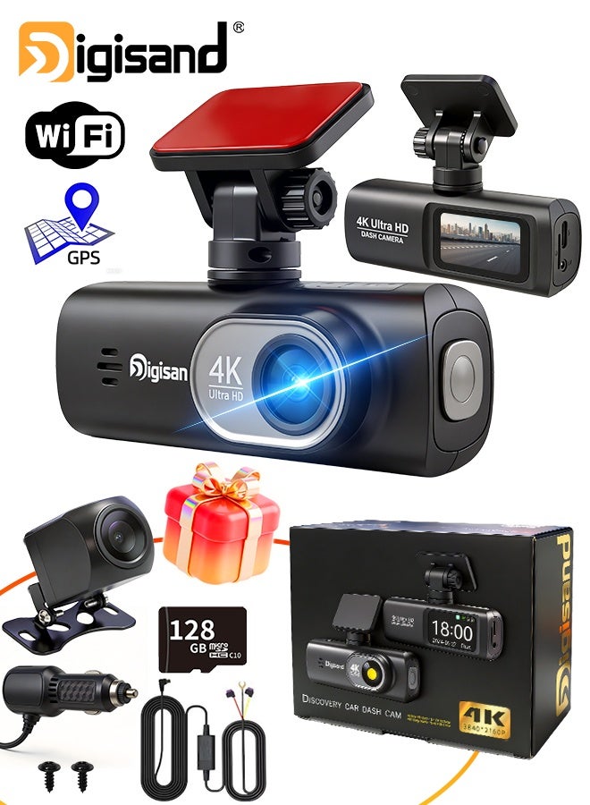 Digisand UHD 4K Dash Cam for Cars Front and Rear Dual Lens Front 3840*2160P Rear Lens 128GB Card Built-In WiFi G-Sensor With GPS Car DVR Video Recorder 24H Parking Monitor - Image 1
