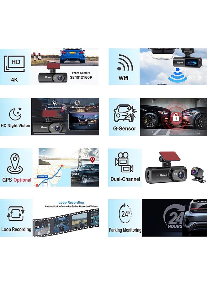 Digisand UHD 4K Dash Cam for Cars Front and Rear Dual Lens Front 3840*2160P Rear Lens 128GB Card Built-In WiFi G-Sensor With GPS Car DVR Video Recorder 24H Parking Monitor - Image 2