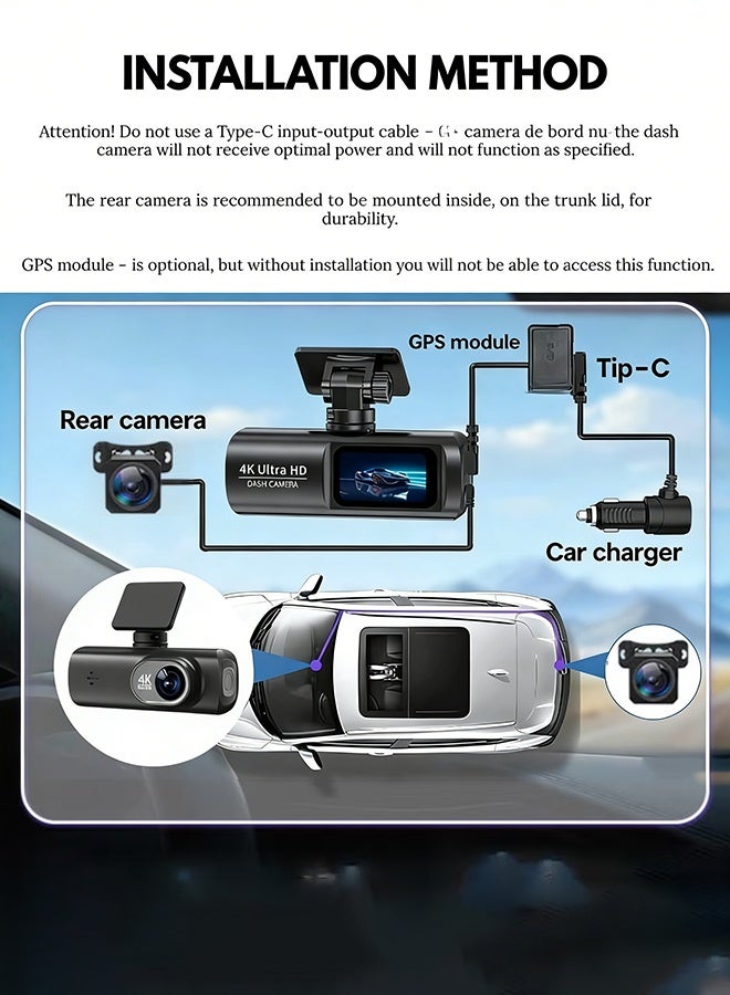 Digisand UHD 4K Dash Cam for Cars Front and Rear Dual Lens Front 3840*2160P Rear Lens 128GB Card Built-In WiFi G-Sensor With GPS Car DVR Video Recorder 24H Parking Monitor - Image 3