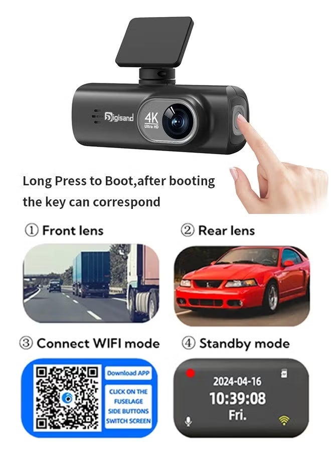 Digisand UHD 4K Dash Cam for Cars Front and Rear Dual Lens Front 3840*2160P Rear Lens 128GB Card Built-In WiFi G-Sensor With GPS Car DVR Video Recorder 24H Parking Monitor - Image 4