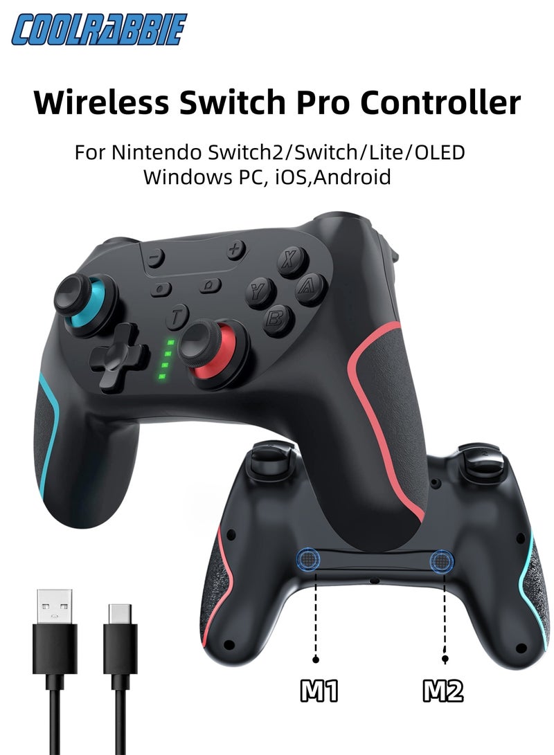 CoolRabbie Wireless Gaming Controller for Nintendo Switch 2/Switch/Switch Lite/Switch OLED/PC/Steam Deck/iOS/Android, Wireless Switch Pro Controller with 2 back buttons, Hall Effect Joystick Gamepad, 3-level TURBO adjustable(blue&red) - Image 1