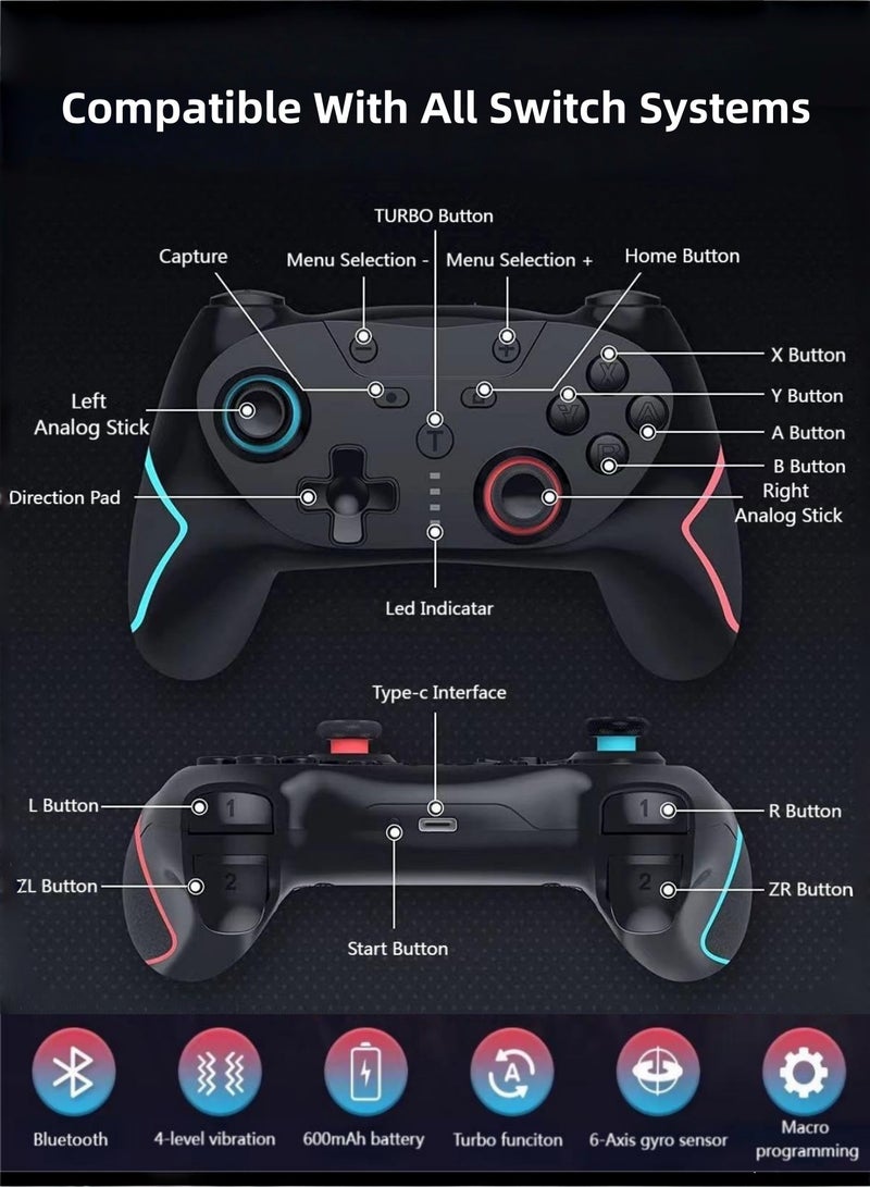 CoolRabbie Wireless Gaming Controller for Nintendo Switch 2/Switch/Switch Lite/Switch OLED/PC/Steam Deck/iOS/Android, Wireless Switch Pro Controller with 2 back buttons, Hall Effect Joystick Gamepad, 3-level TURBO adjustable(blue&red) - Image 3