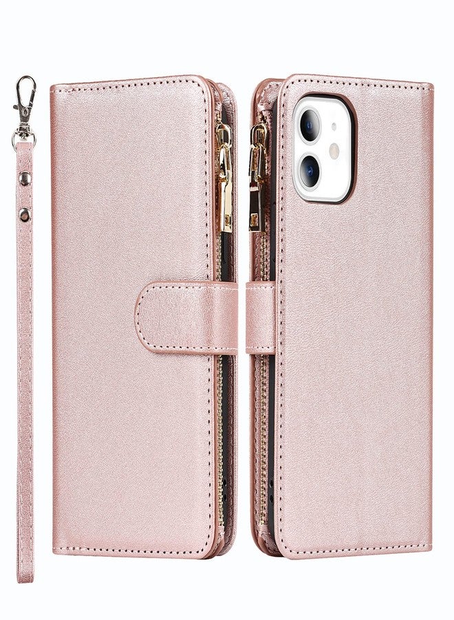 Jaorty Wallet Case Compatible with iPhone 12 Mini Case,[9 Card Slots] [Wrist Strap] [Stand Feature] Zipper Cash Pocket Magnetic Leather Cover Shockproof Slim Case for iPhone 12 Mini,5.4 inch Rosegold - Image 2