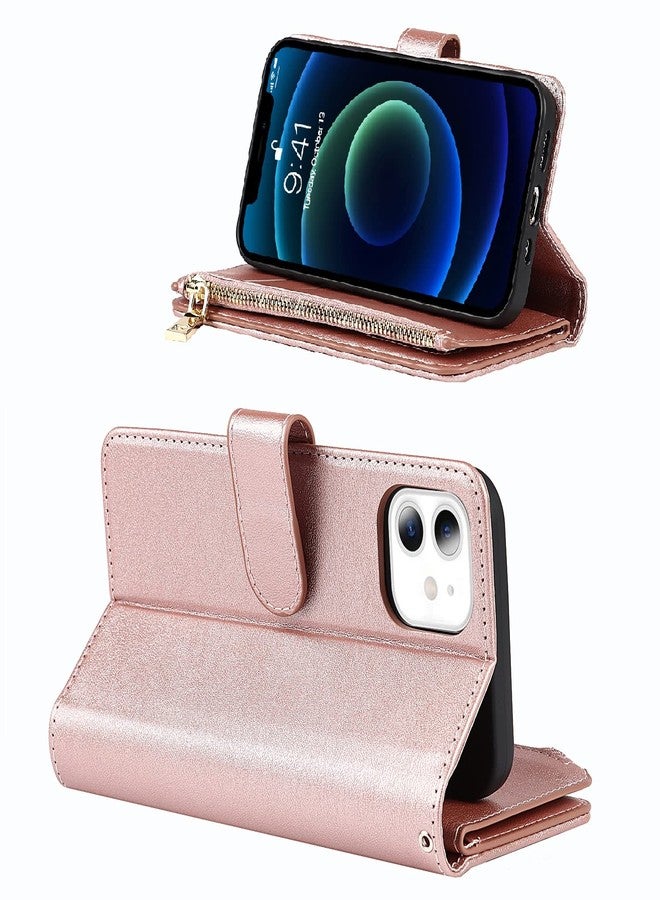 Jaorty Wallet Case Compatible with iPhone 12 Mini Case,[9 Card Slots] [Wrist Strap] [Stand Feature] Zipper Cash Pocket Magnetic Leather Cover Shockproof Slim Case for iPhone 12 Mini,5.4 inch Rosegold - Image 3