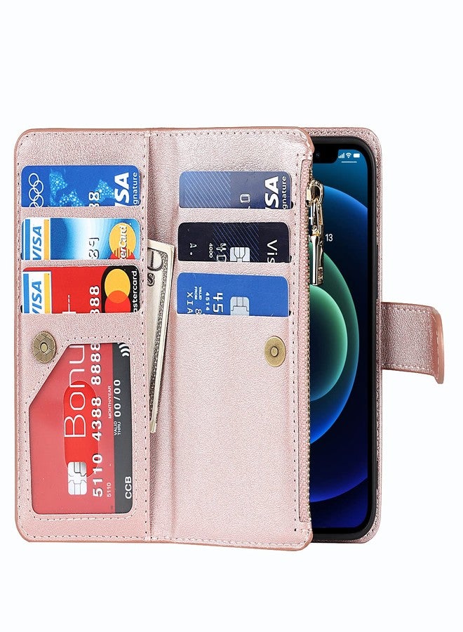 Jaorty Wallet Case Compatible with iPhone 12 Mini Case,[9 Card Slots] [Wrist Strap] [Stand Feature] Zipper Cash Pocket Magnetic Leather Cover Shockproof Slim Case for iPhone 12 Mini,5.4 inch Rosegold - Image 5