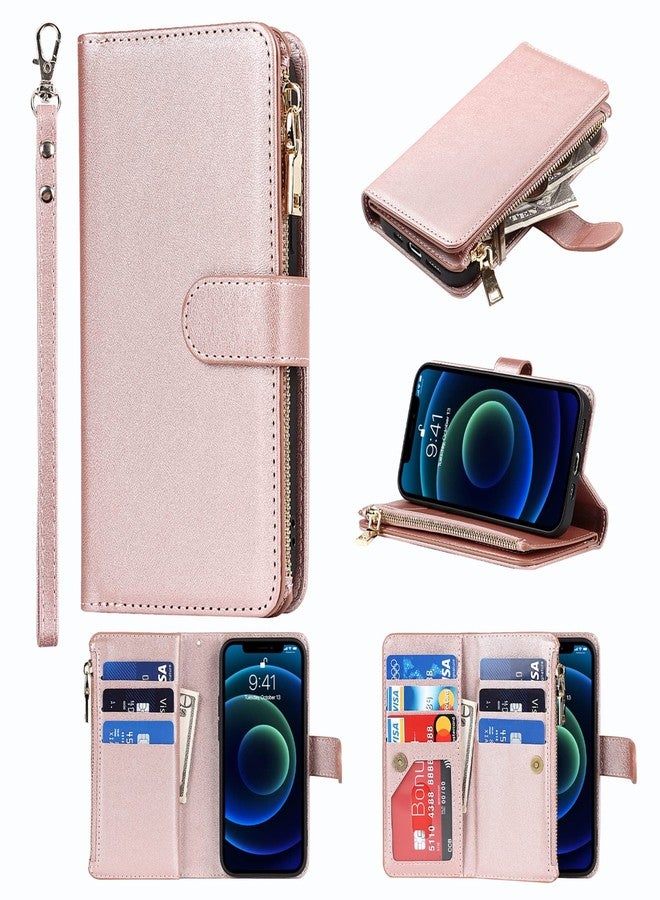 Jaorty Wallet Case Compatible with iPhone 12 Mini Case,[9 Card Slots] [Wrist Strap] [Stand Feature] Zipper Cash Pocket Magnetic Leather Cover Shockproof Slim Case for iPhone 12 Mini,5.4 inch Rosegold - Image 1