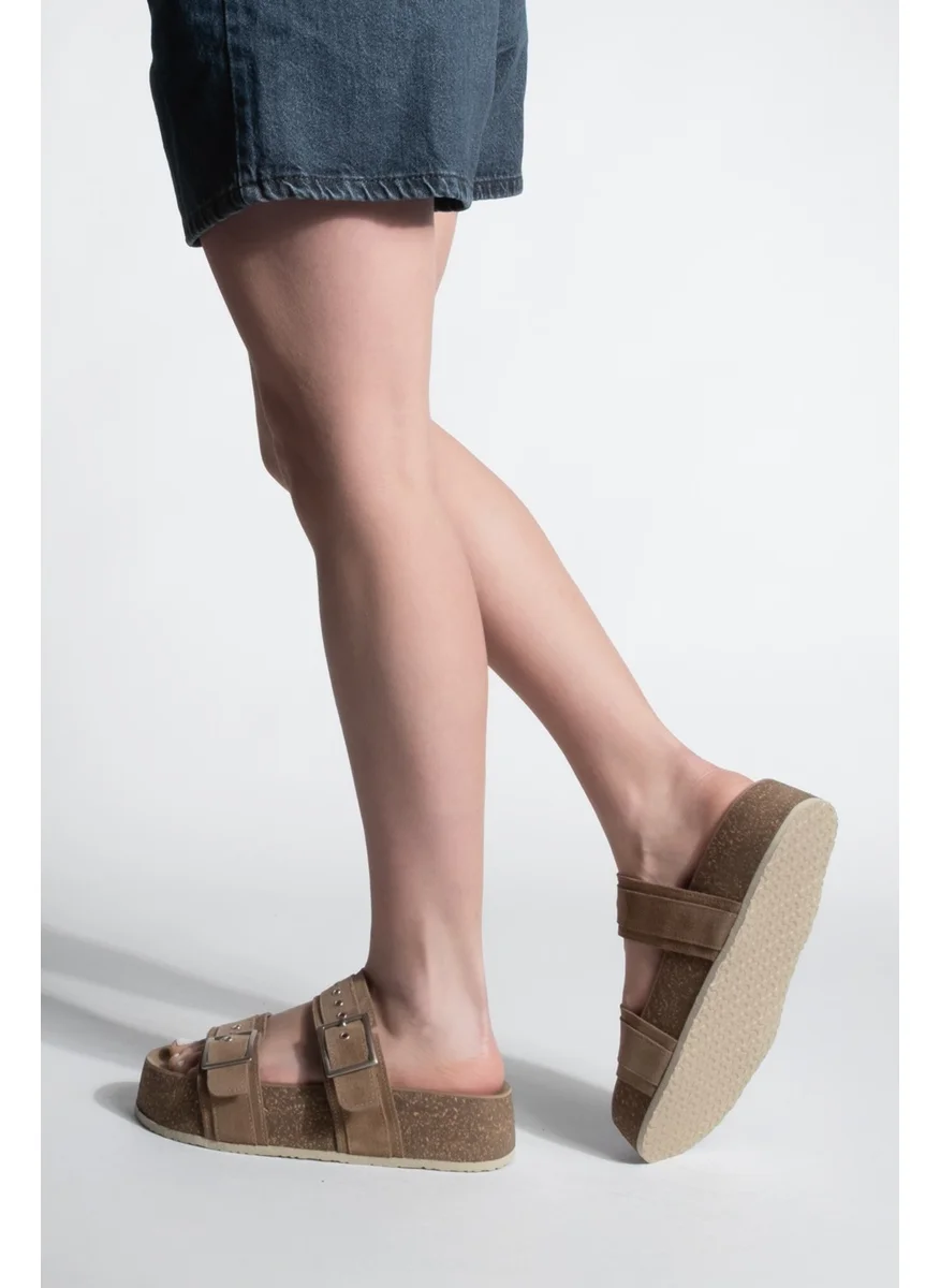 MARJIN Women's Leather Double Banded Cork Sole Olive Suede Casual Slippers Merga